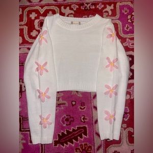 Altar’d State White Crew Pink Flower Sweater